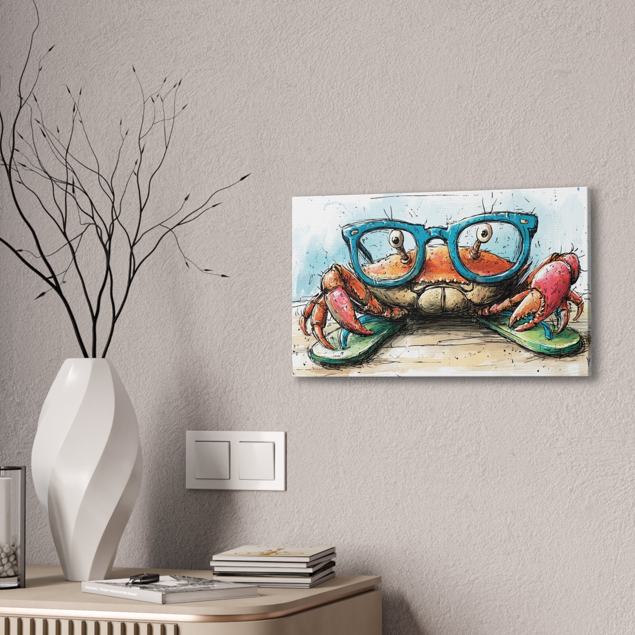 Canvas wall art with a hand drawn illustration of a red crab wearing glasses and flip flops on a sandy beach.