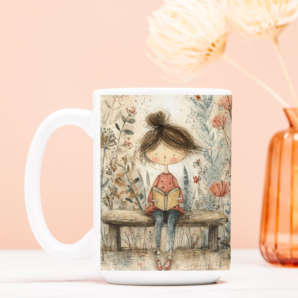 Mug with a design of a girl reading a book on a bench, set against a soft pink background.