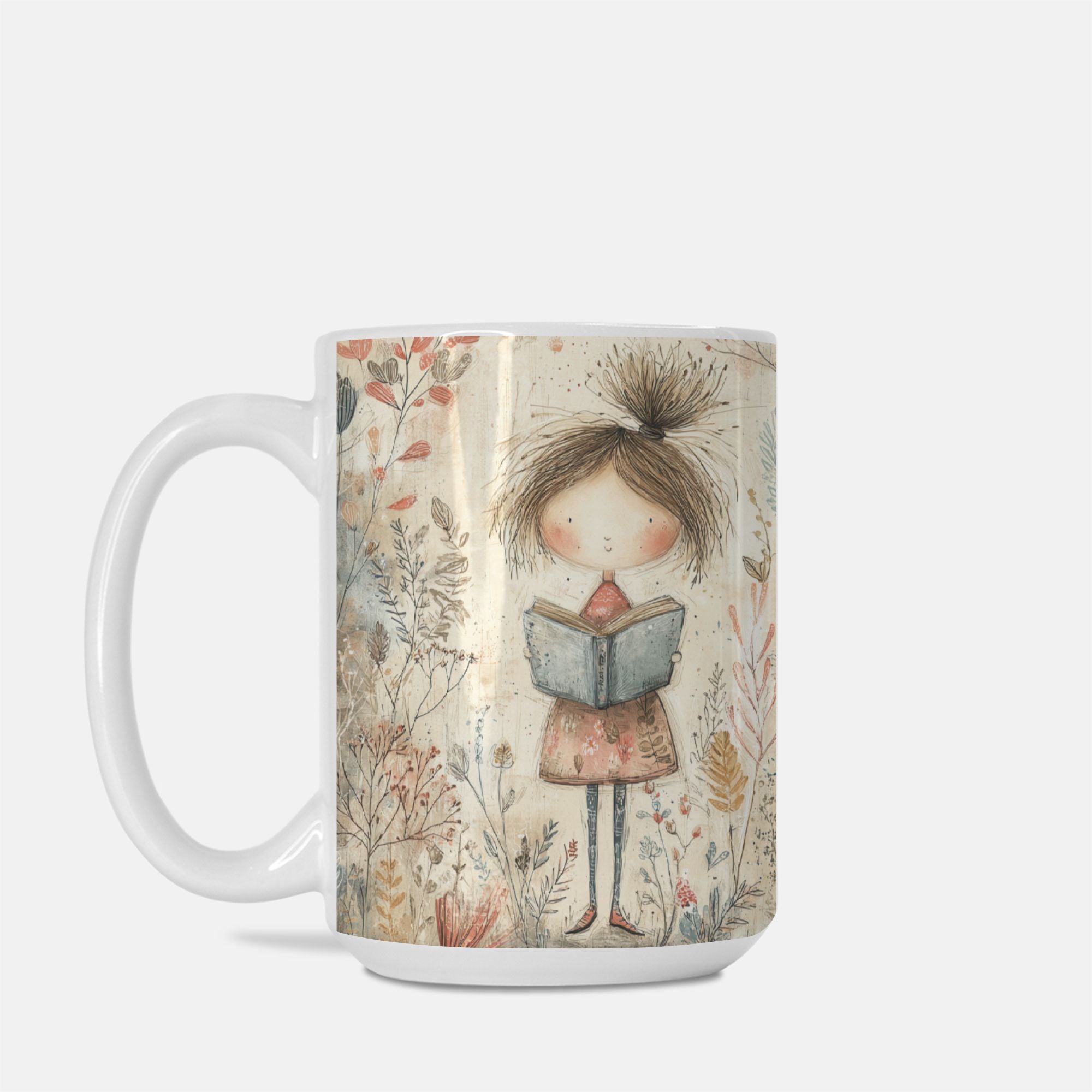 Mug with a design of a girl reading a book surrounded by flowers on a white background