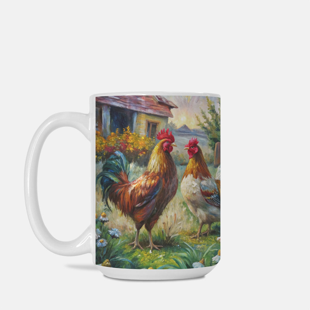 Mug with a design of two roosters in a field with a house in the background on a white background