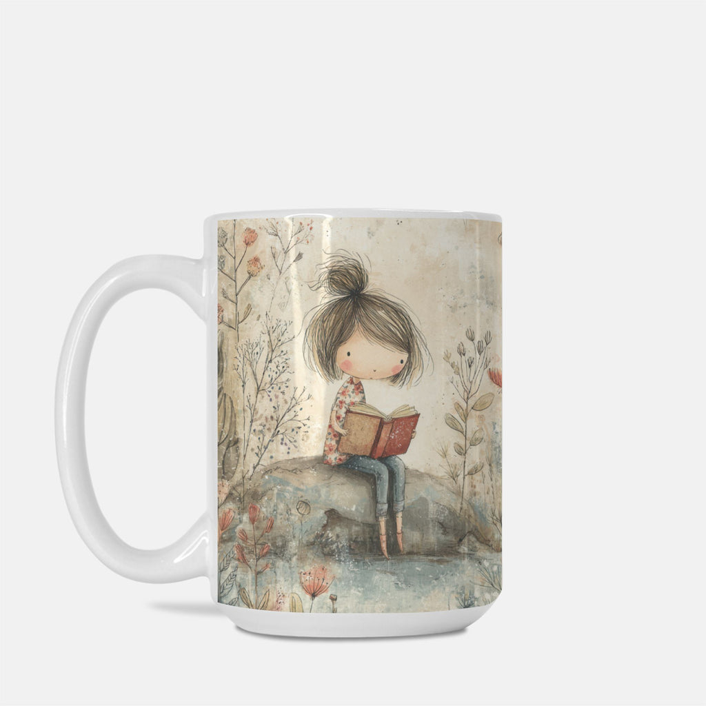Mug with a design of a girl reading a book in a nature setting on a white background