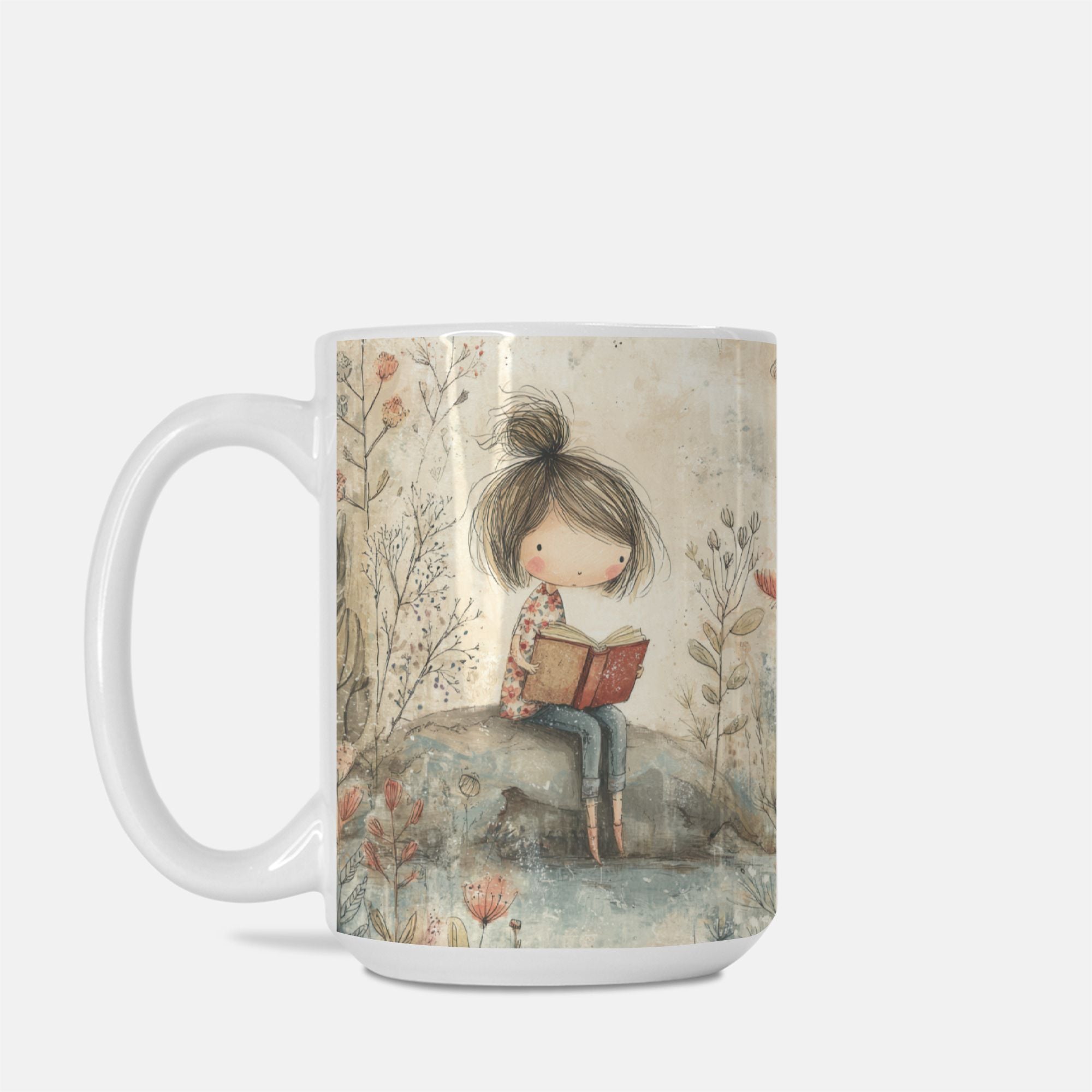 Mug with a design of a girl reading a book in a nature setting on a white background
