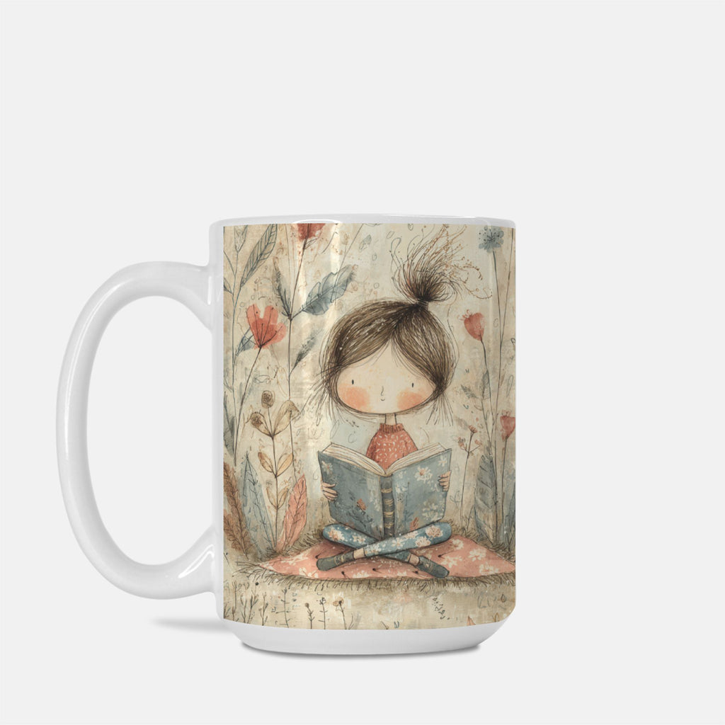 Mug with a design of a girl reading a book on a white background