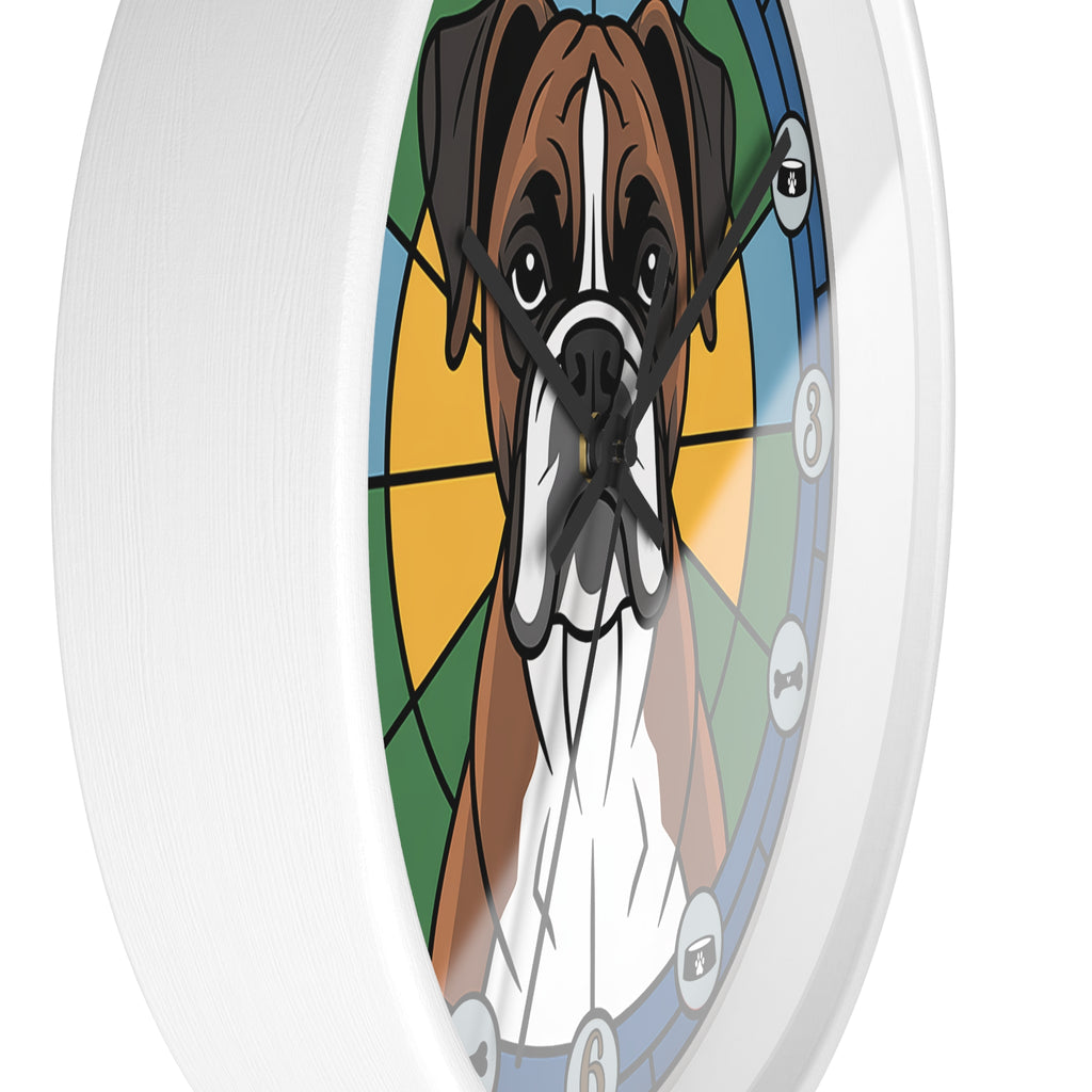 Wall clock with a colorful design of a boxer dog on a white background