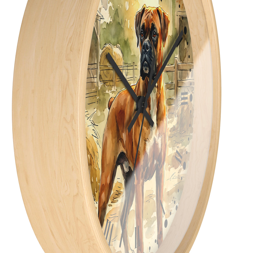 Oval wall clock with a light natural wood frame and a printed illustration of a brown and black Boxer dog on the face, shown against a plain white background.
