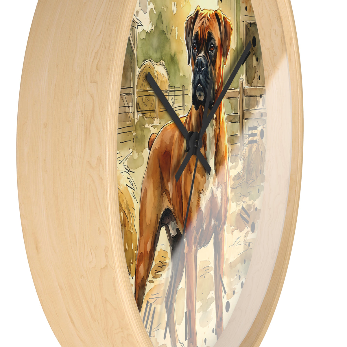 Oval wall clock with a light natural wood frame and a printed illustration of a brown and black Boxer dog on the face, shown against a plain white background.