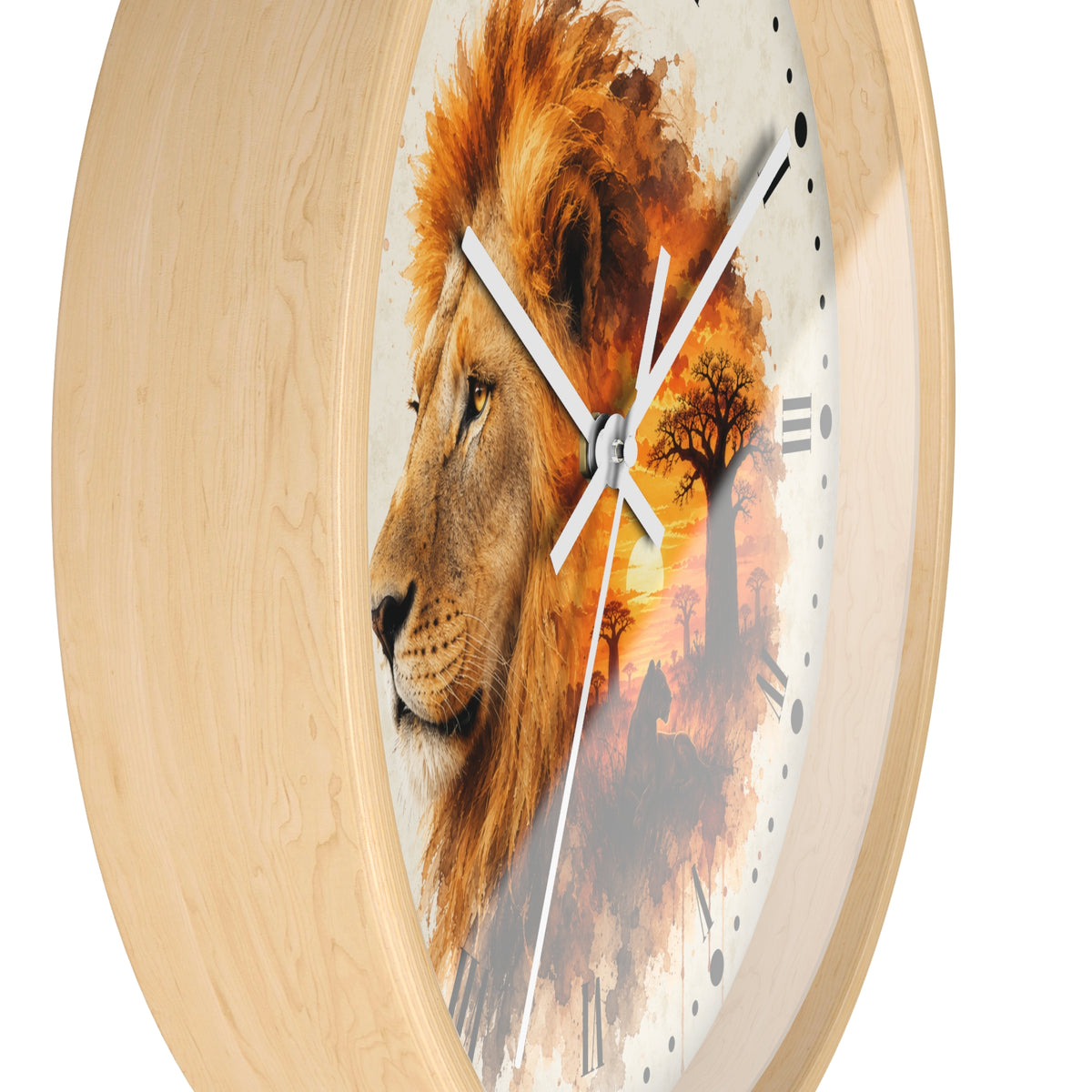 Round wall clock with a light natural wood frame and a printed lion face over an African savanna sunset scene on the dial, with white hands and black Roman numerals.