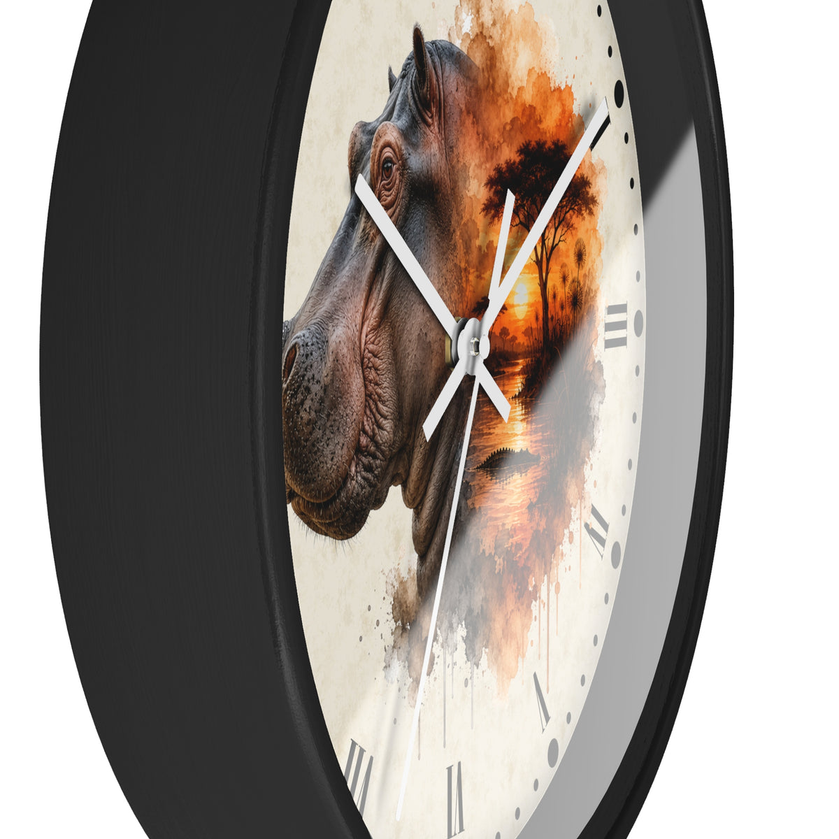 A round wall clock with a black frame and a printed face featuring a hippopotamus head over an orange sunset scene, shown against a plain white background.