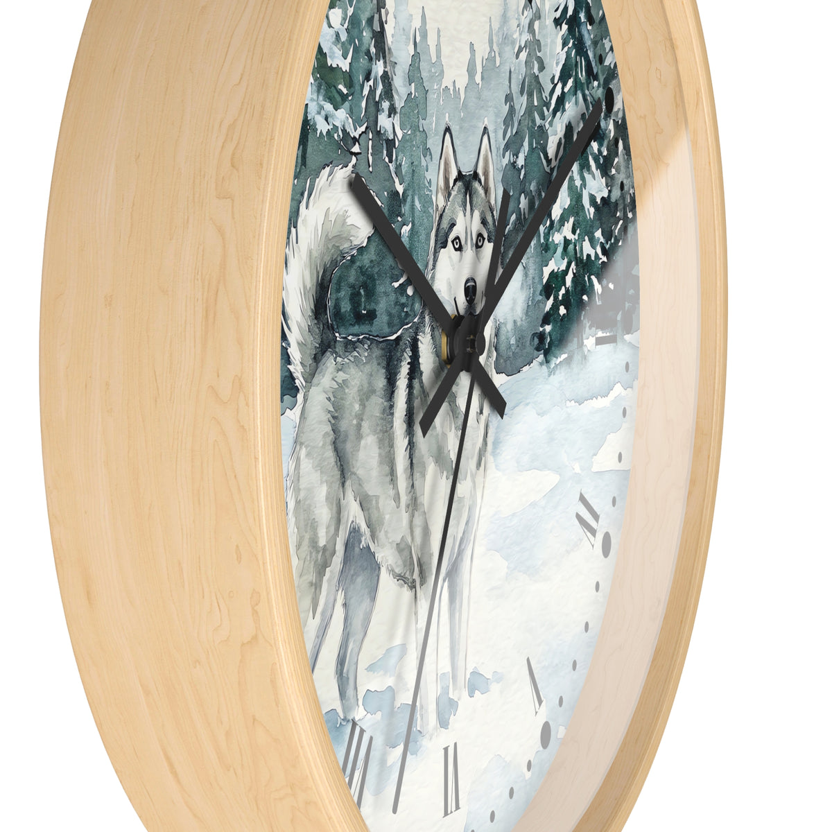 Siberian Husky Winter Wall Clock — Snowy Forest Dog Decor