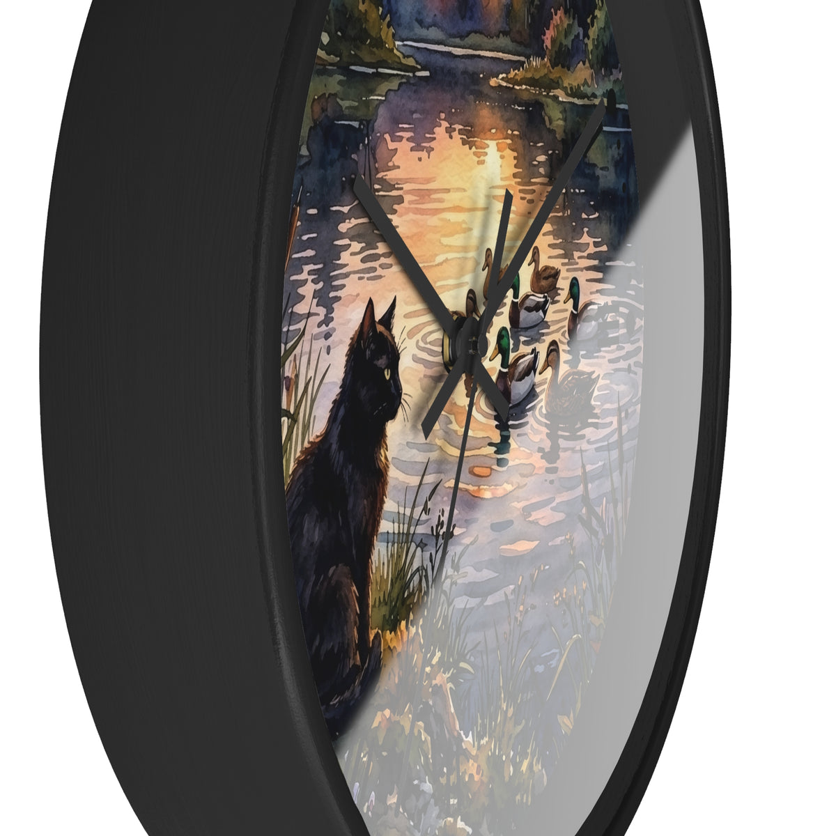 Black Cat and Ducks at Sunset Lake Wood Wall Clock