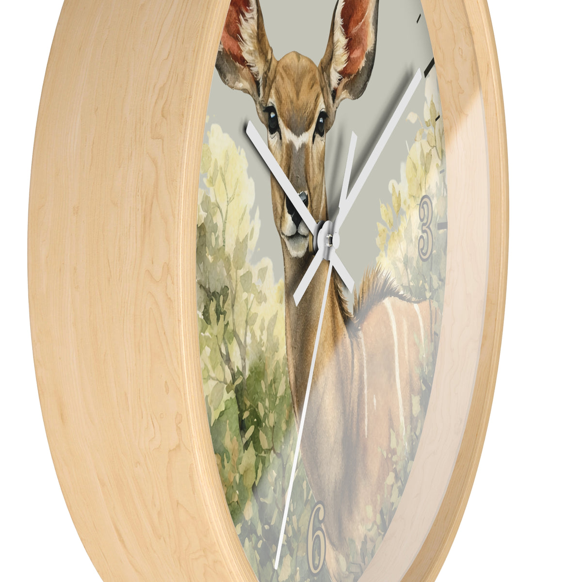 Round wall clock with a light natural wood frame and a printed deer illustration on the face, shown against a plain white background.