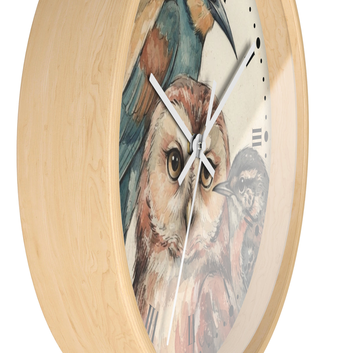 Round wall clock with a light natural wood frame and a bird illustration on the face, featuring a large owl in the center with other birds around it and white clock hands.