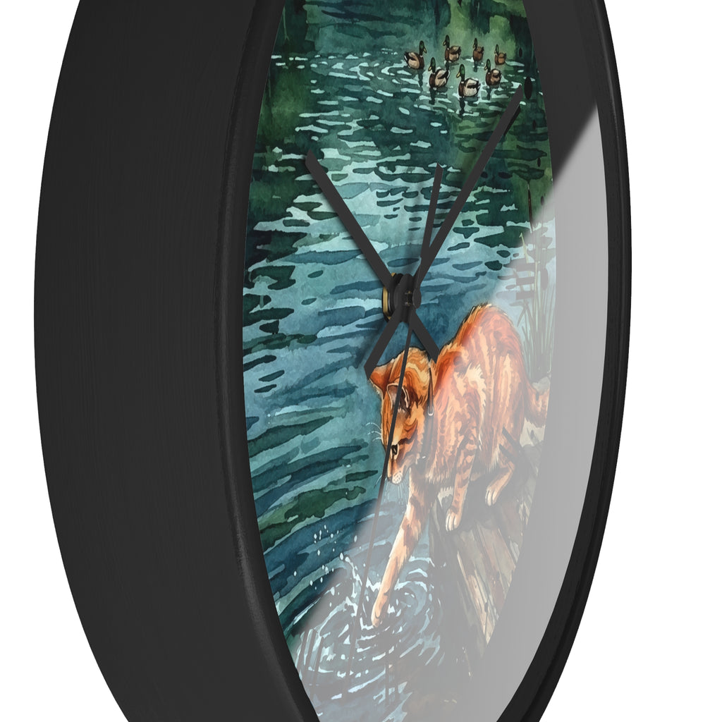 Cat at the Pond Wall Clock — Orange Tabby Fishing by Lakeside