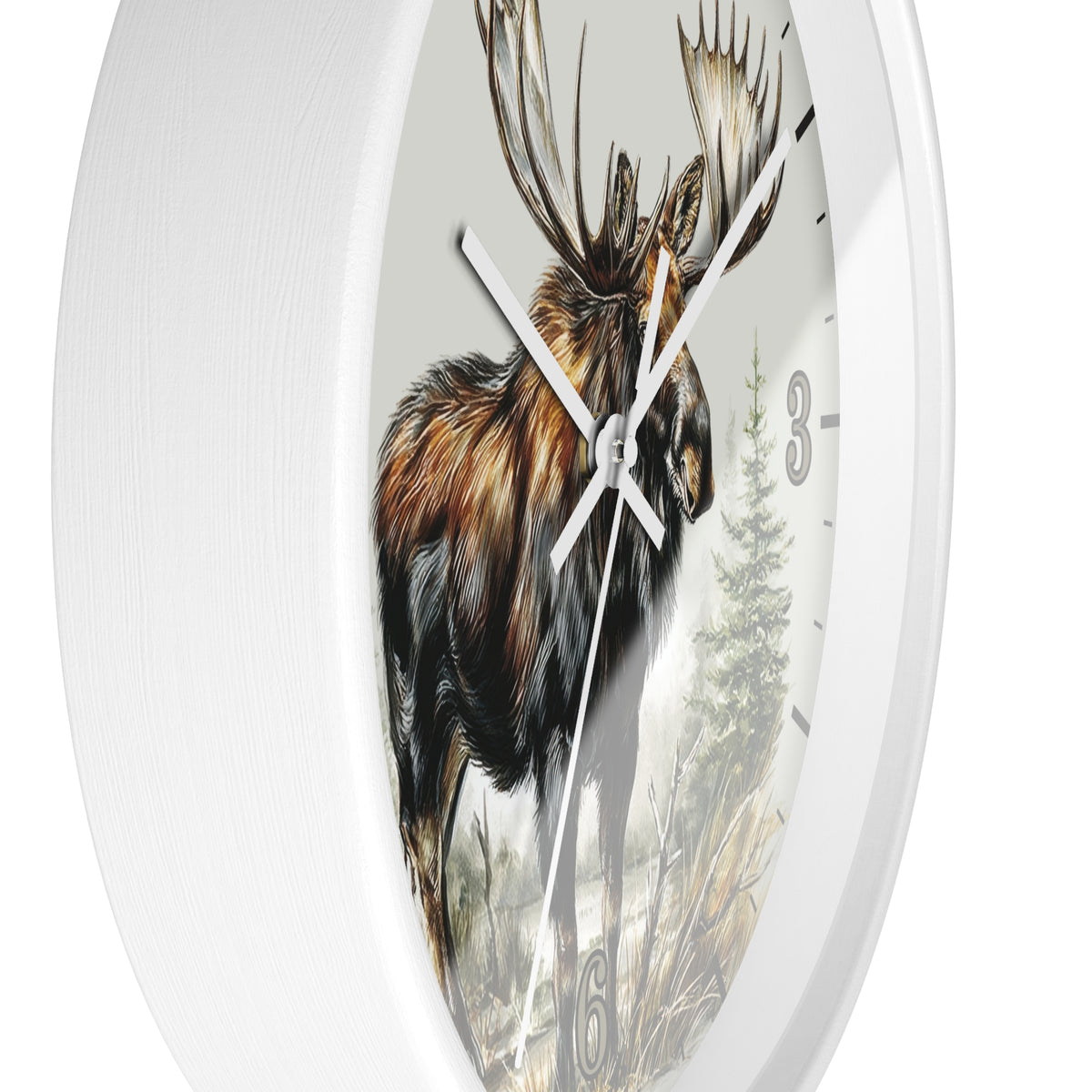 Round wall clock with a white frame and a printed moose and forest scene on the face, shown against a plain white background.