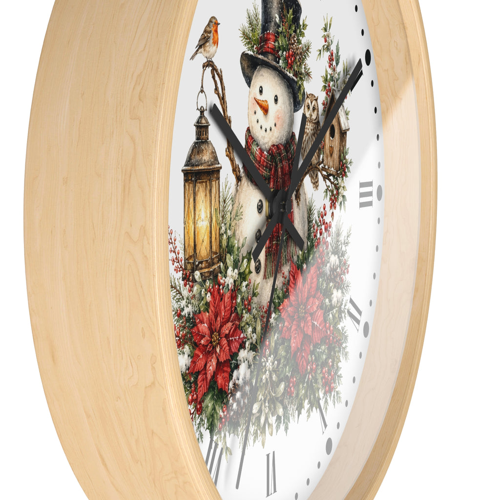 Christmas Snowman & Woodland Friends Wall Clock — Festive Poinsettia Flower Holiday Decor