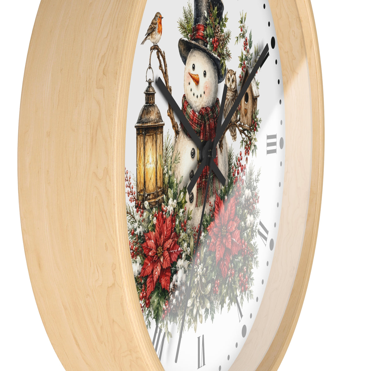 Christmas Snowman & Woodland Friends Wall Clock — Festive Poinsettia Flower Holiday Decor
