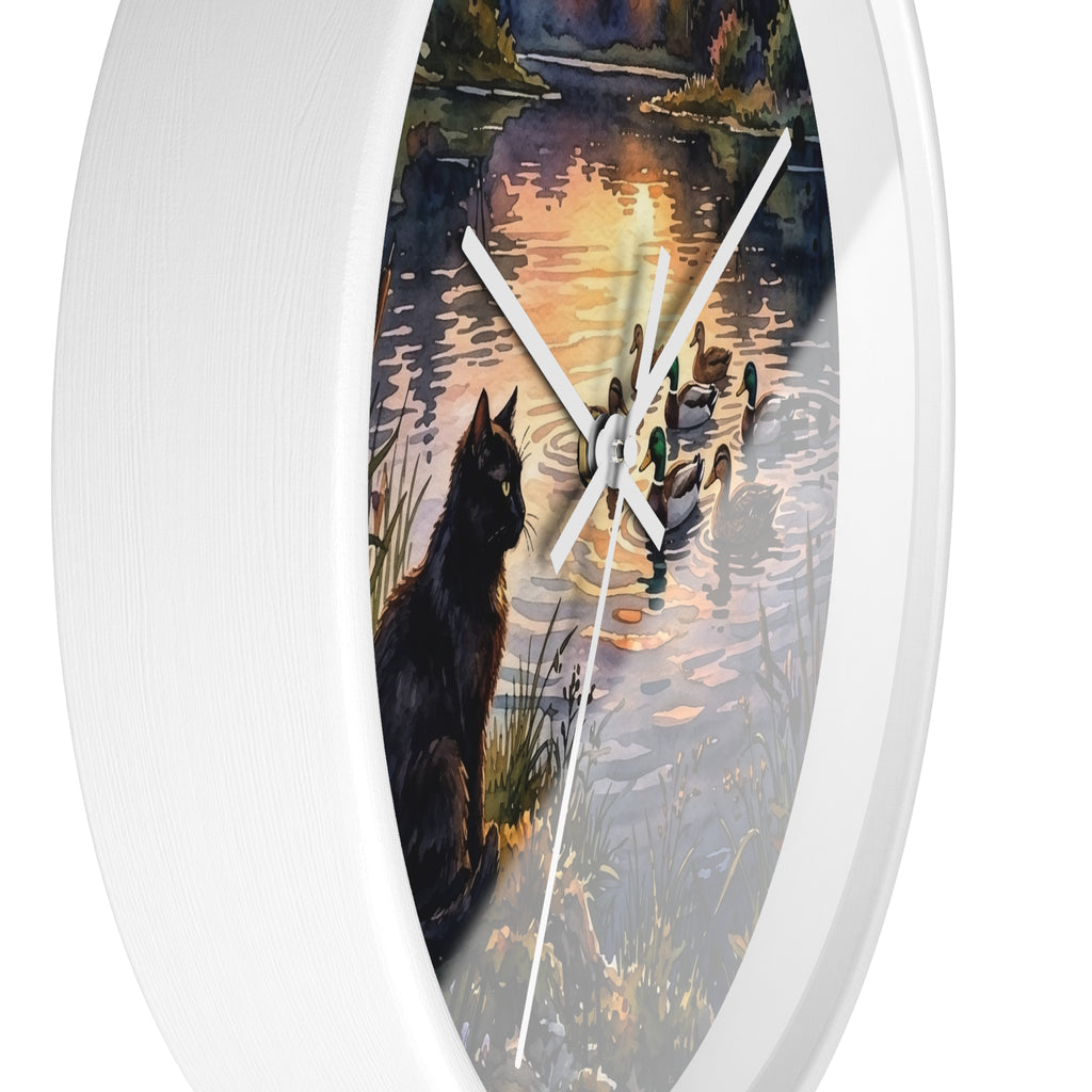 Black Cat and Ducks at Sunset Lake Wood Wall Clock