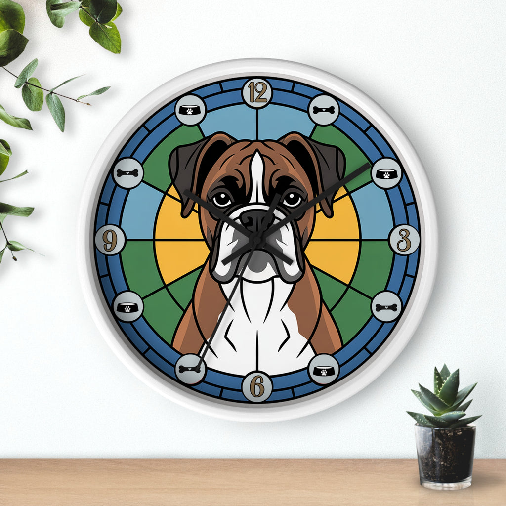 Wall clock with a dog design on a white wall with plants.