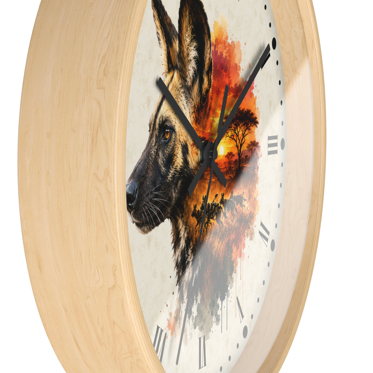 A round wall clock with a light natural wood frame and a white dial featuring a painted African wild dog portrait blended with an orange sunset savanna  landscape scene