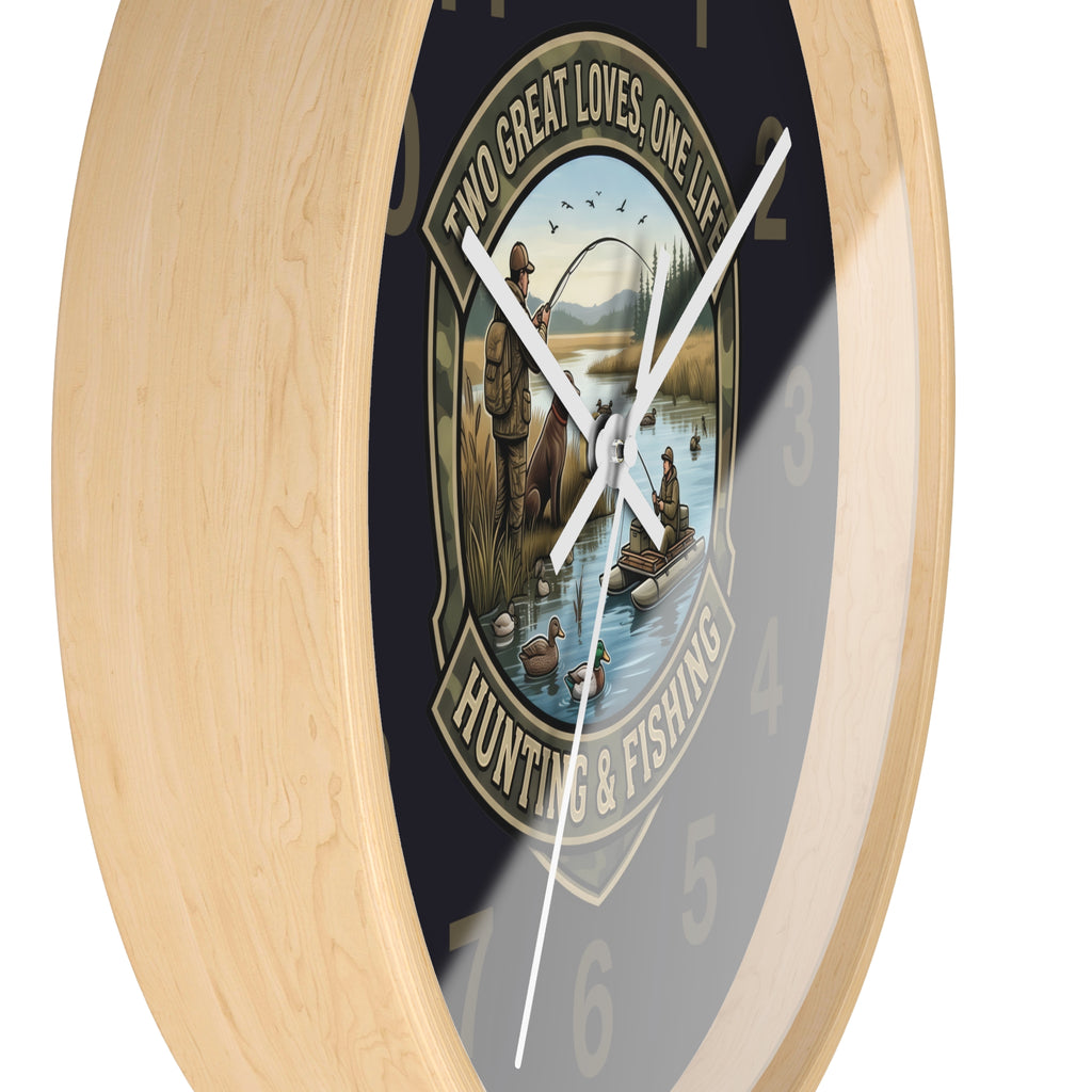 Hunting & Fishing Wall Clock — “Two Great Loves, One Life” Rustic Outdoors Decor