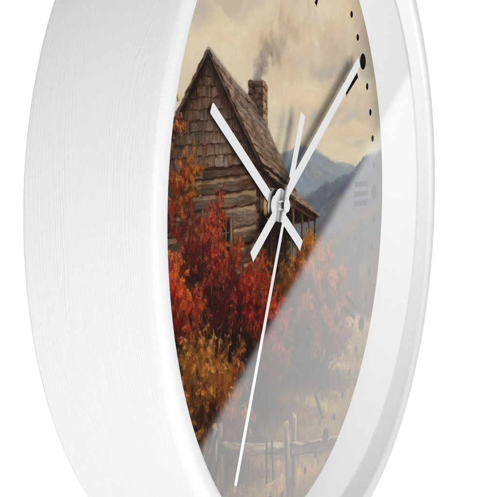 Rustic Cabin Autumn Mountain Wall Clock