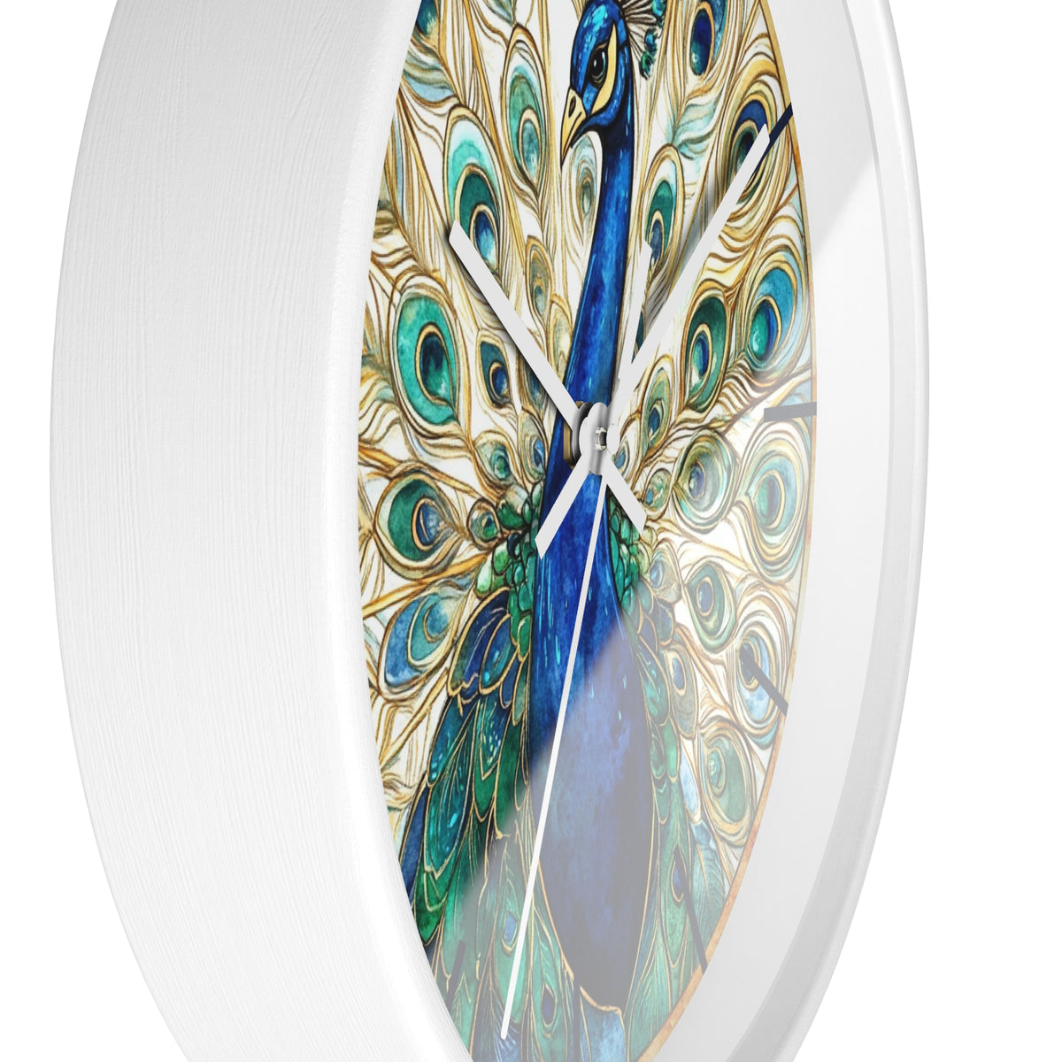 A close-up of a round wall clock with a white frame and a printed peacock design featuring blue, teal, green, and gold feathers on the face.