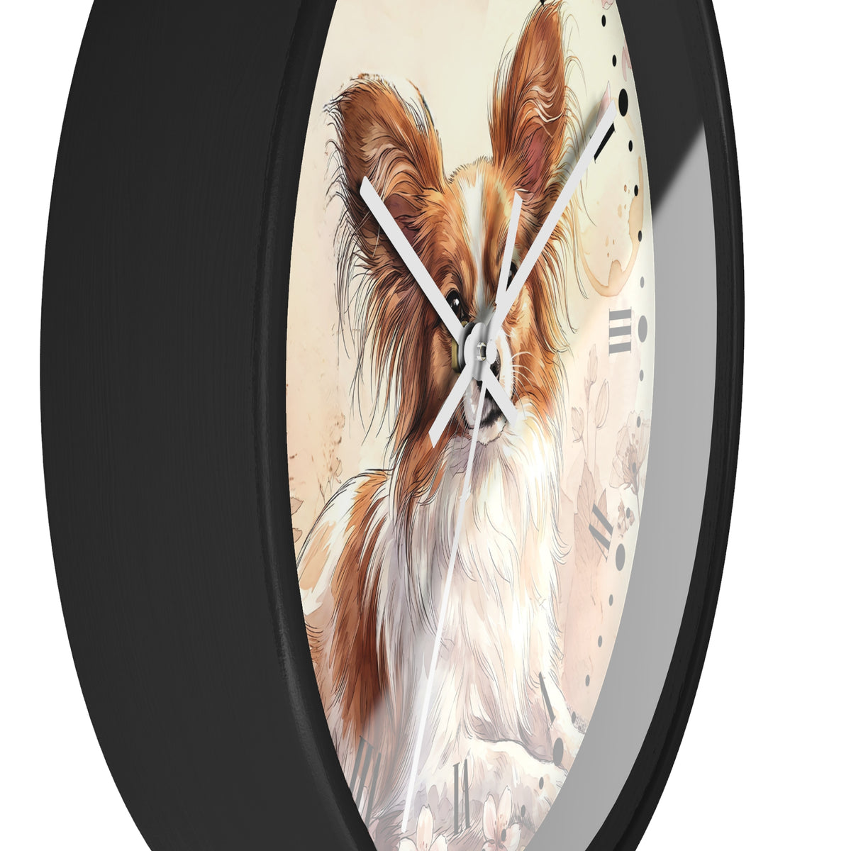 Watercolor Papillon Dog Wall Clock — Floral Portrait Timepiece for Dog Lovers