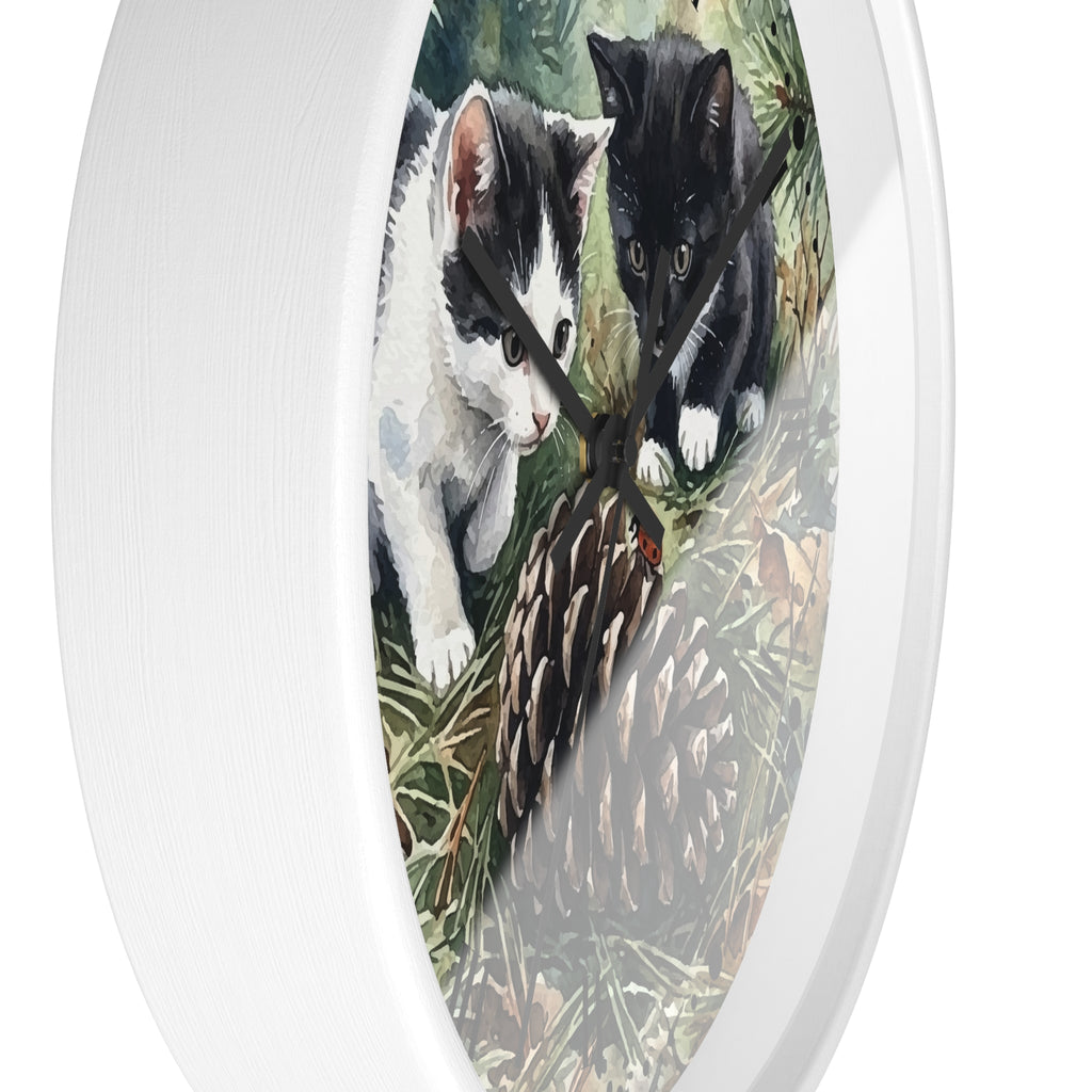 Watercolor Playful Kittens in the Pines Wood Wall Clock - Cat Lover Decor