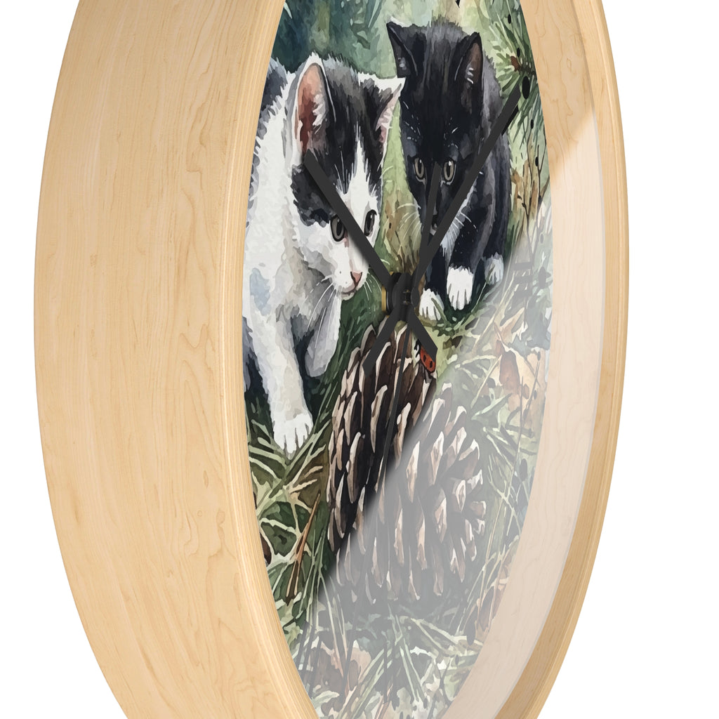 Watercolor Playful Kittens in the Pines Wood Wall Clock - Cat Lover Decor