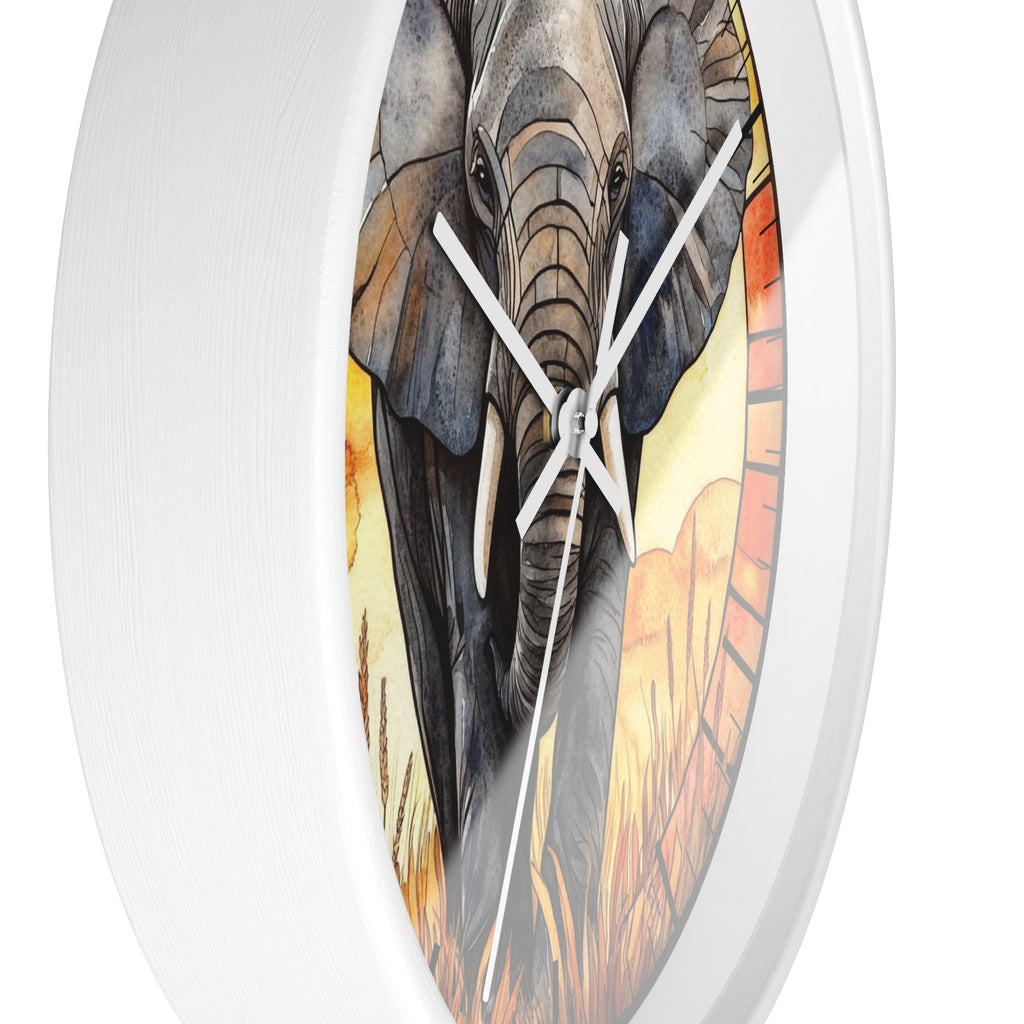 A round white wall clock with a detailed illustration of an elephant on the face, set against a plain white background.
