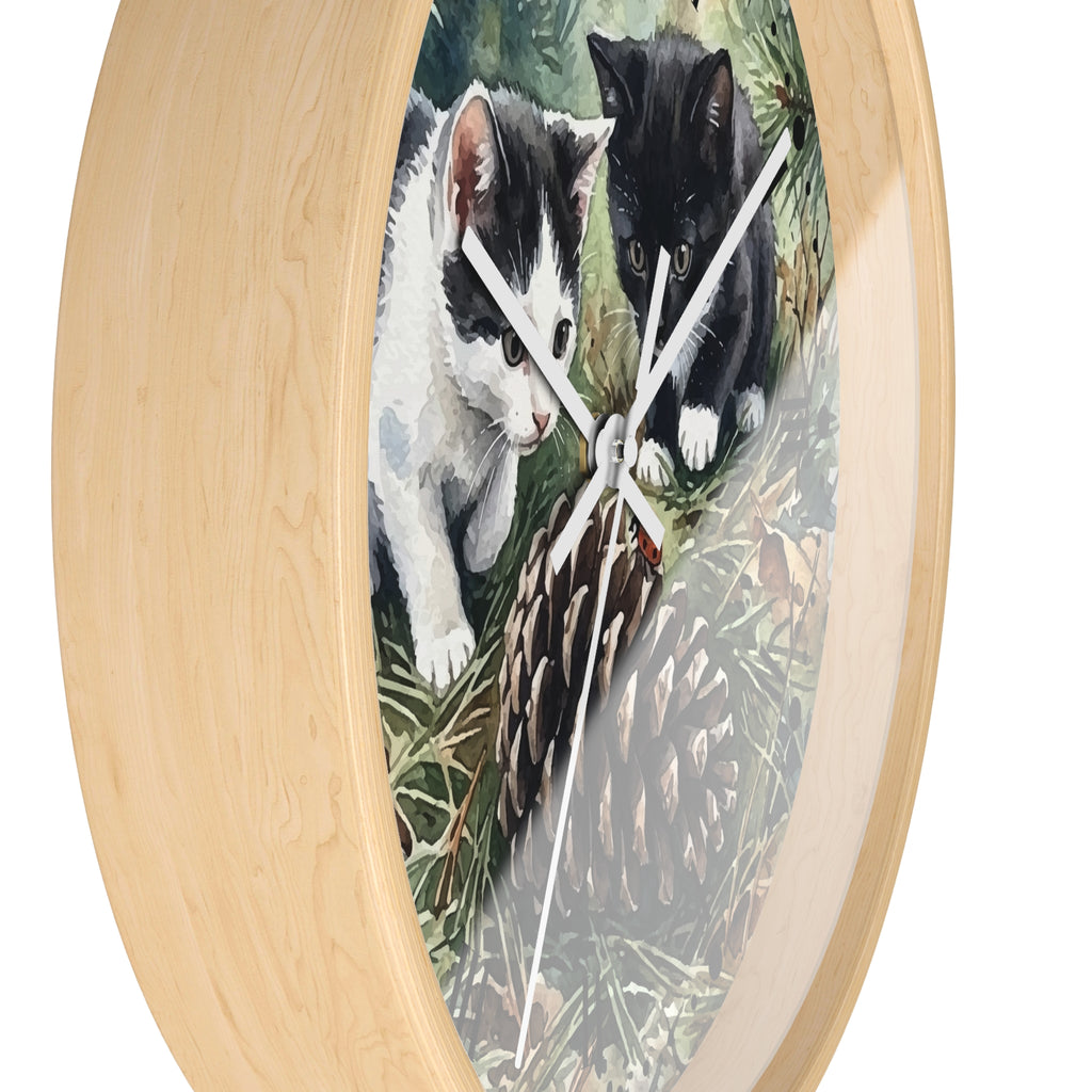 Watercolor Playful Kittens in the Pines Wood Wall Clock - Cat Lover Decor