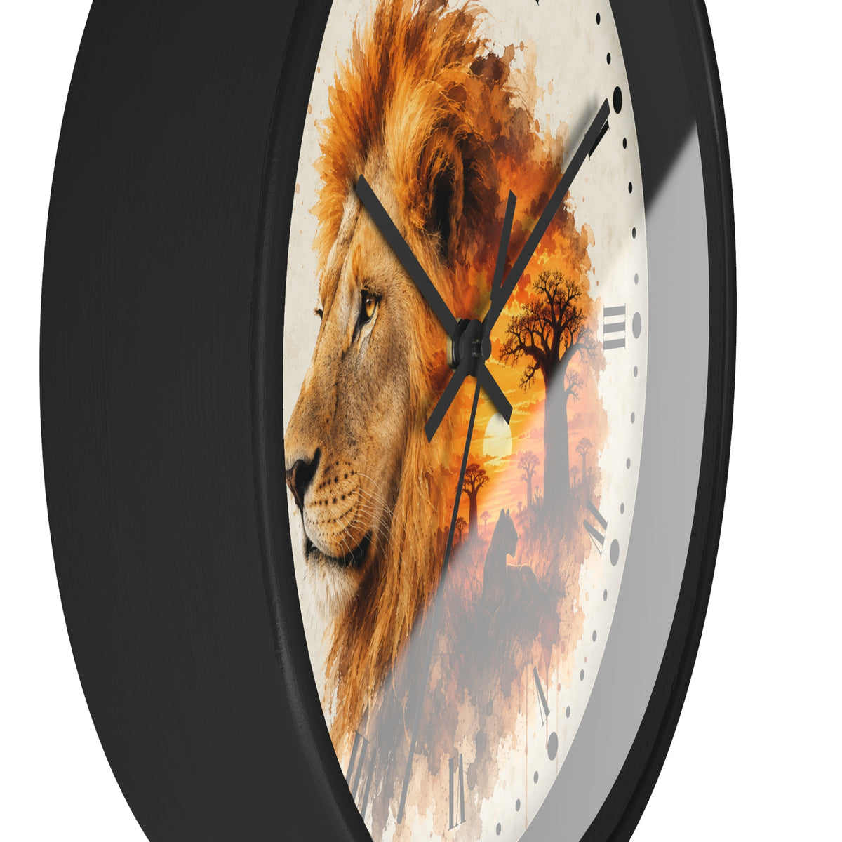 A round wall clock with a black frame and a printed lion-and-sunset face design, shown against a plain white background.