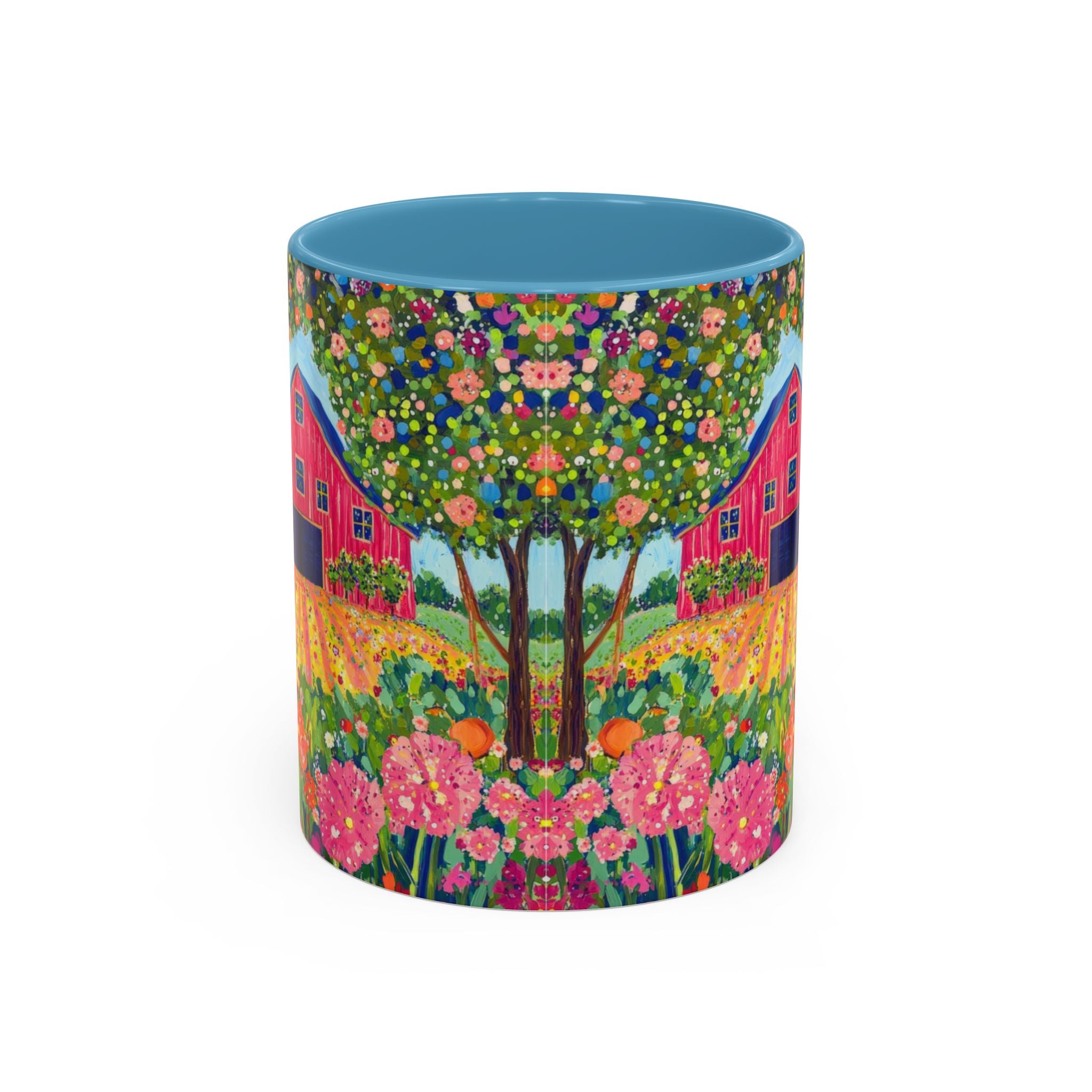 Colorful mug with a floral and cabin design on a white background