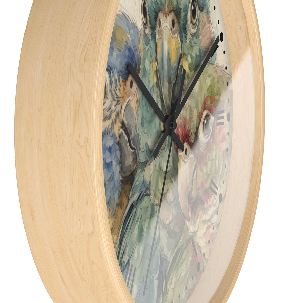 A round wall clock with a light natural wood frame and a printed parrot illustration on the face. The clock is shown at an angle against a plain white background.