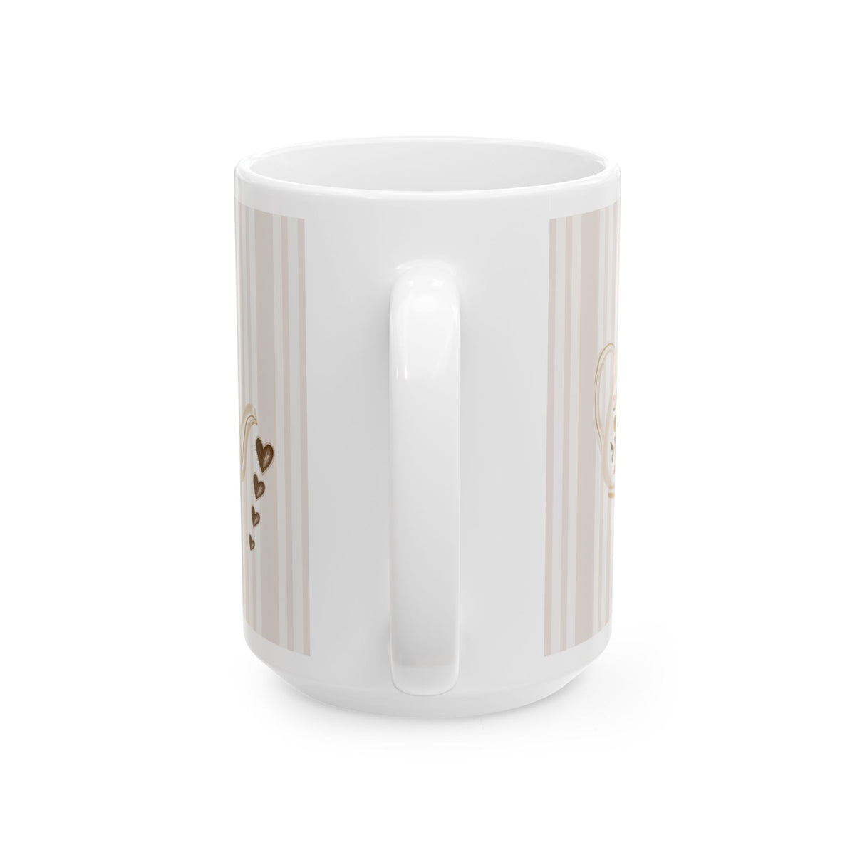 A white ceramic mug with a vertical striped pattern in beige and white, featuring small gold hearts and a gold circular design on the sides.