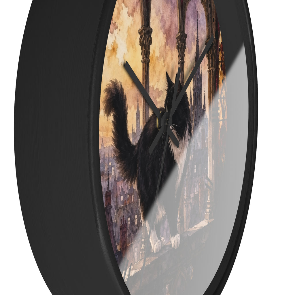 Gothic Black Tuxedo Cat Cathedral Wood Wall Clock