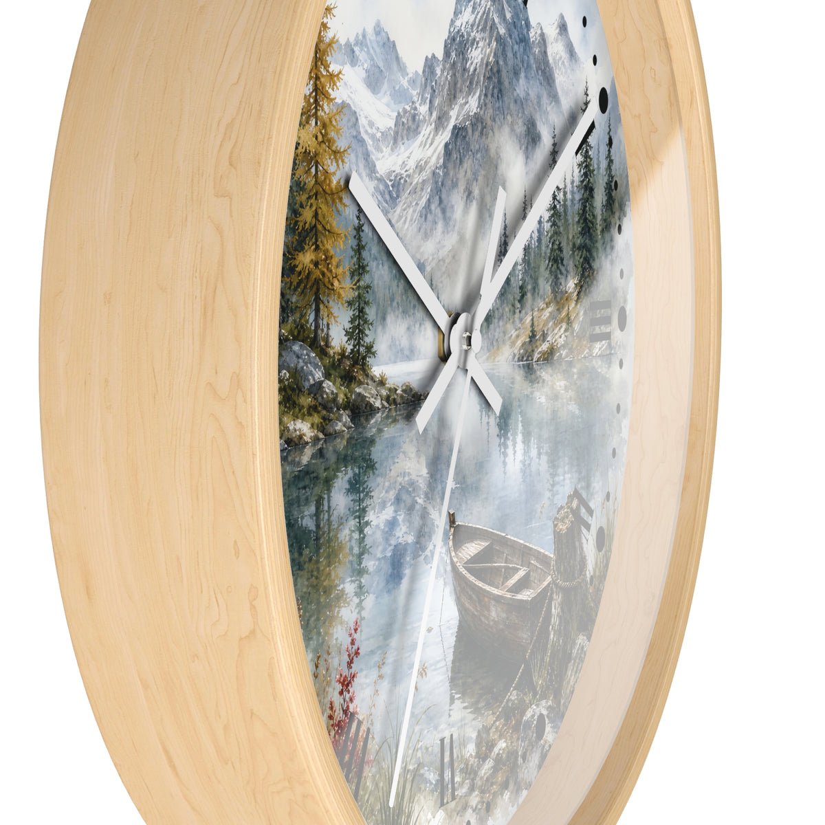 Round wall clock with a light natural wood frame and a scenic print of a mountain lake, pine trees, and a rowboat on the dial.