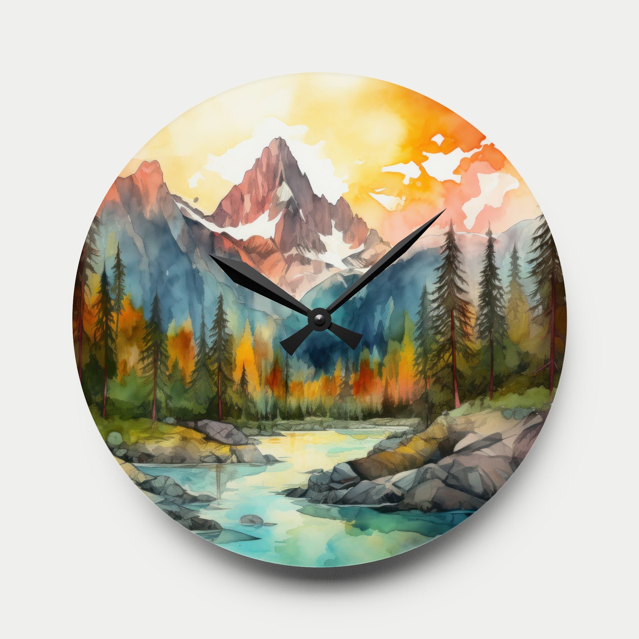 Mountain River Acrylic Wall Clock — Watercolor Landscape Home Decor