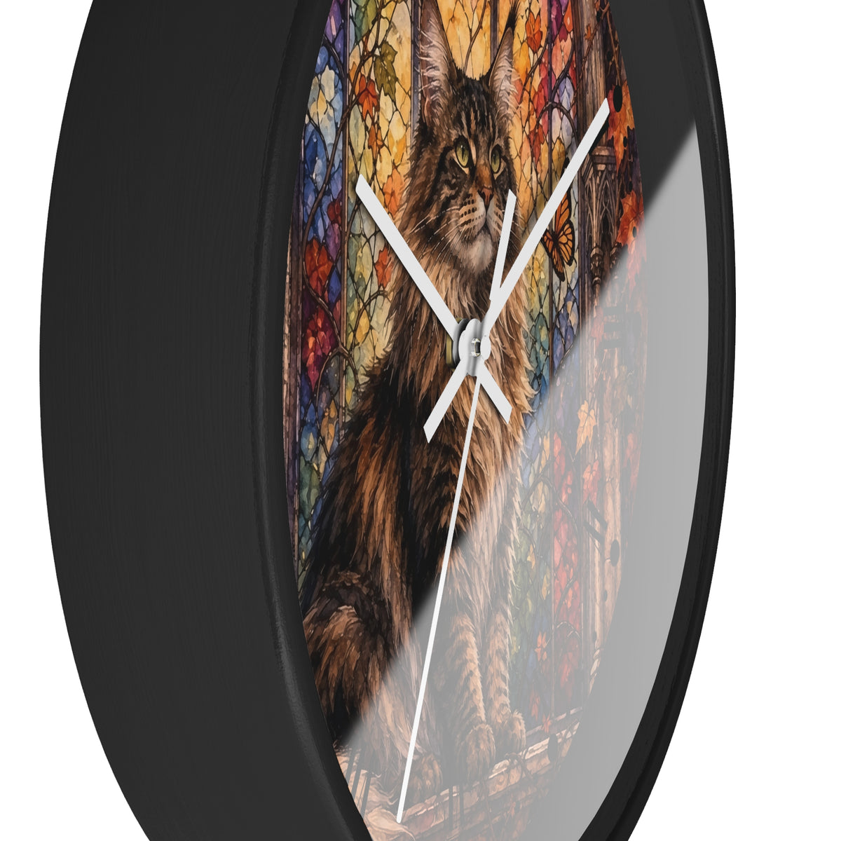 Main Coon Tabby Stained Glass Cat Wood Wall Clock