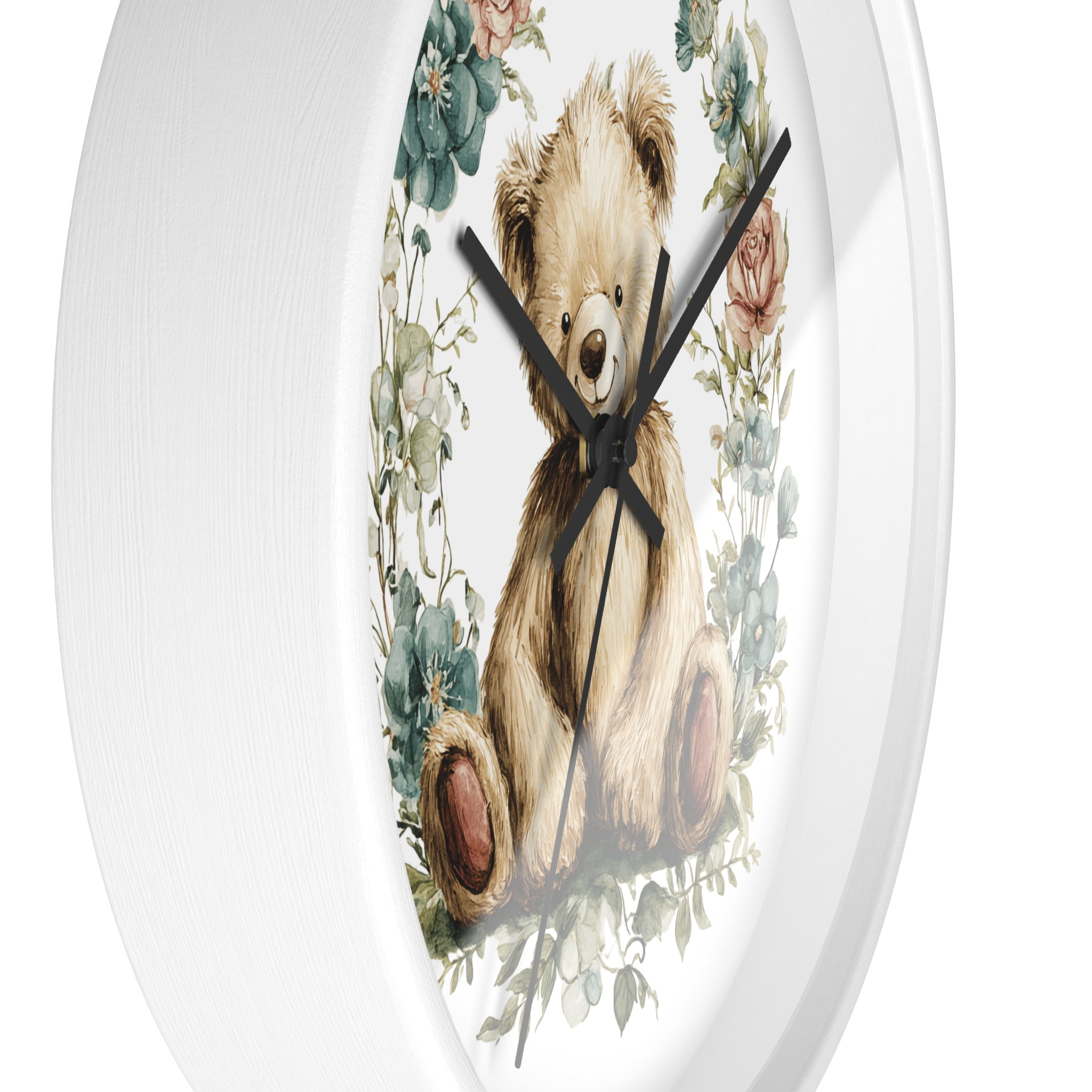 Teddy Bear Floral Wall Clock - Multiple Colors — Cute Nursery Clock for Baby Shower, Kids’ Room Decor