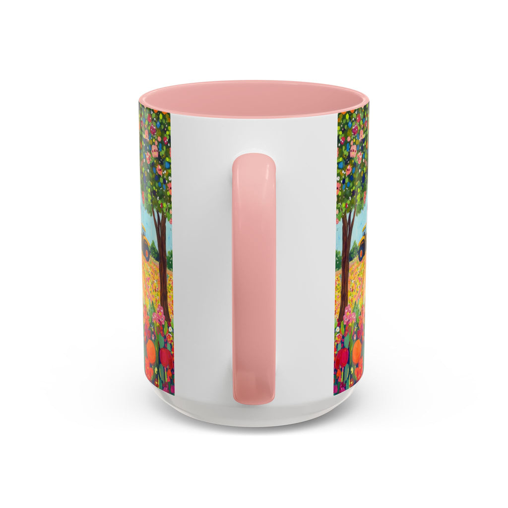 Cylindrical container with pink interior and exterior, floral design on sides