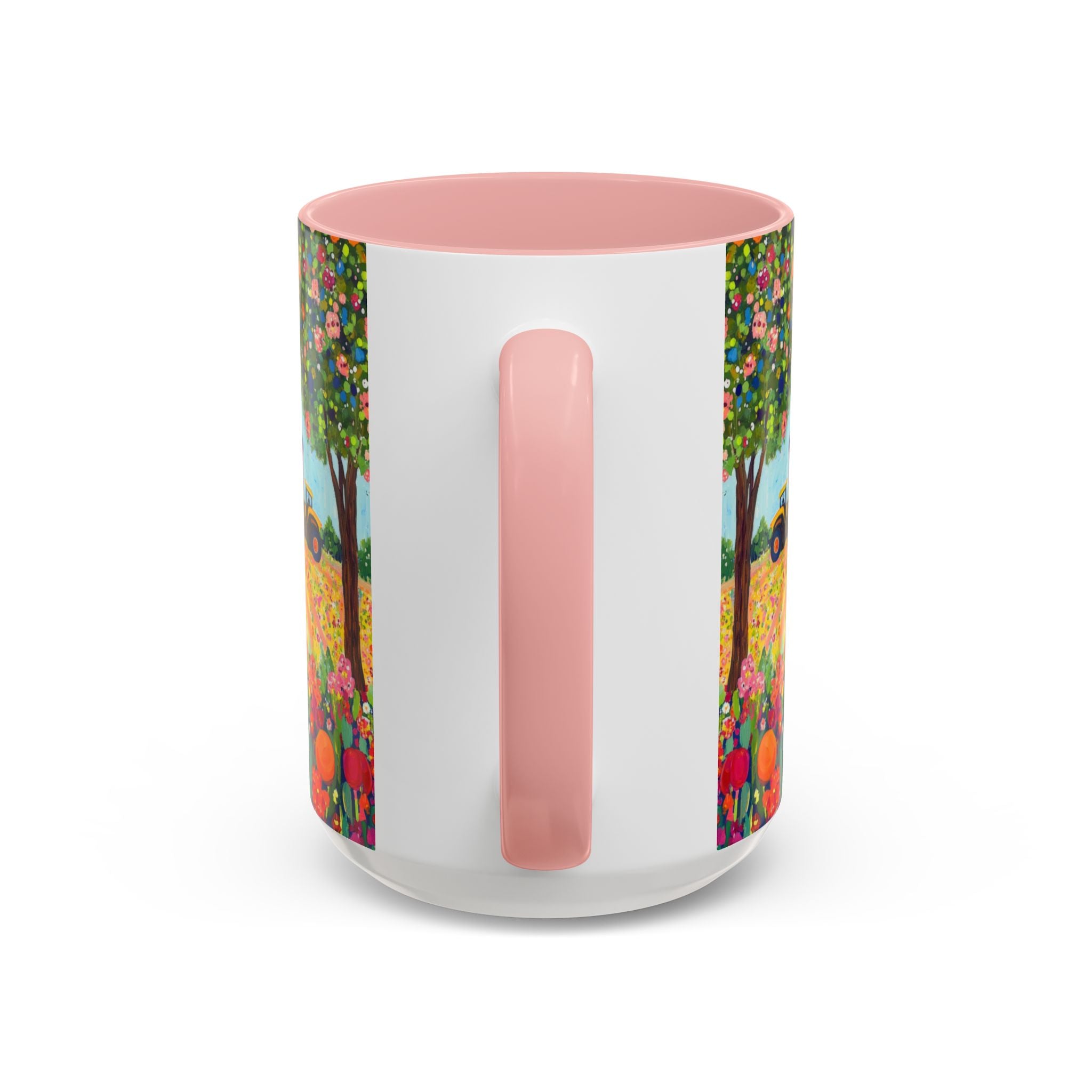Cylindrical container with pink interior and exterior, floral design on sides