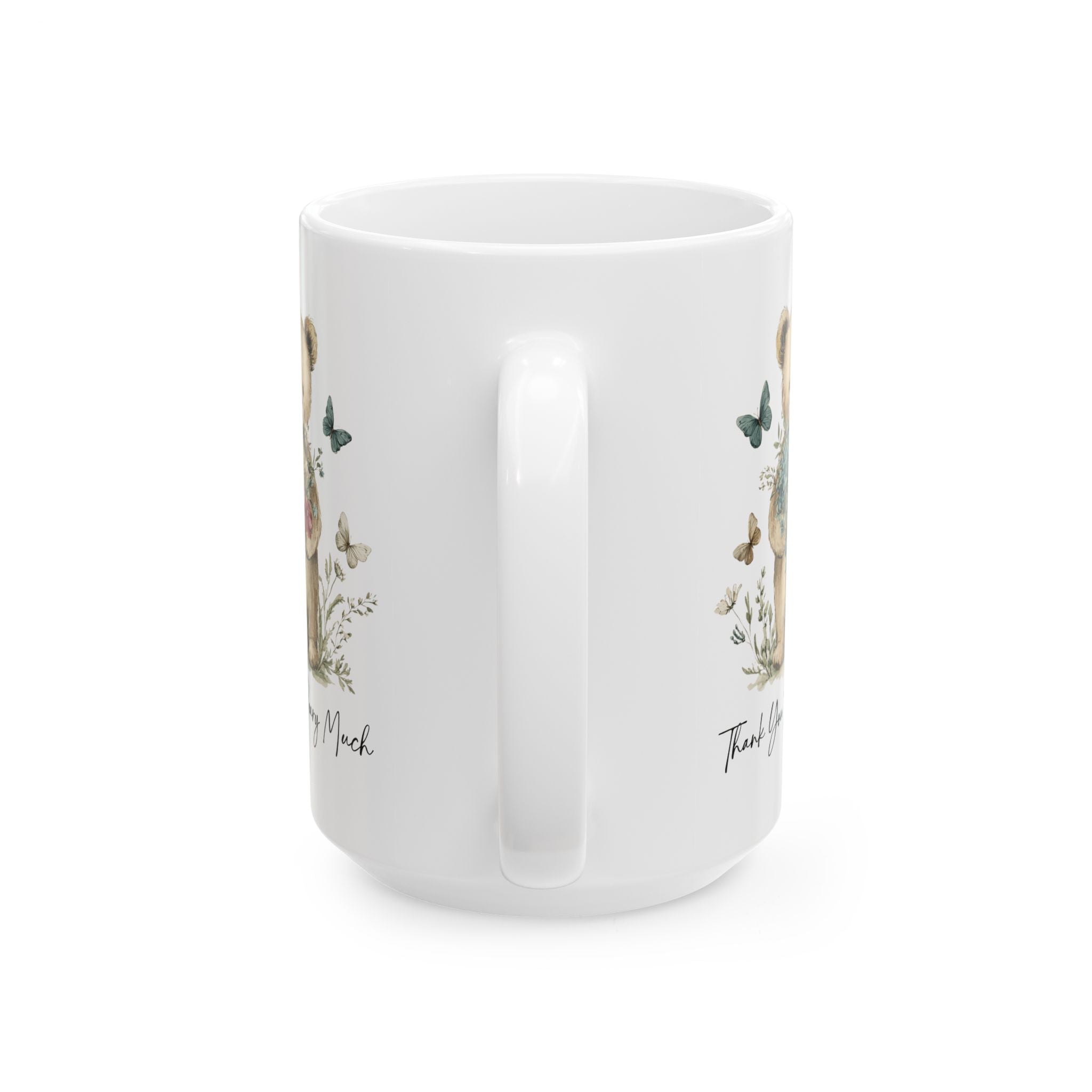 Floral Teddy Bear Thank You Mug — Botanical Ceramic Coffee Cup (11oz, 15oz)