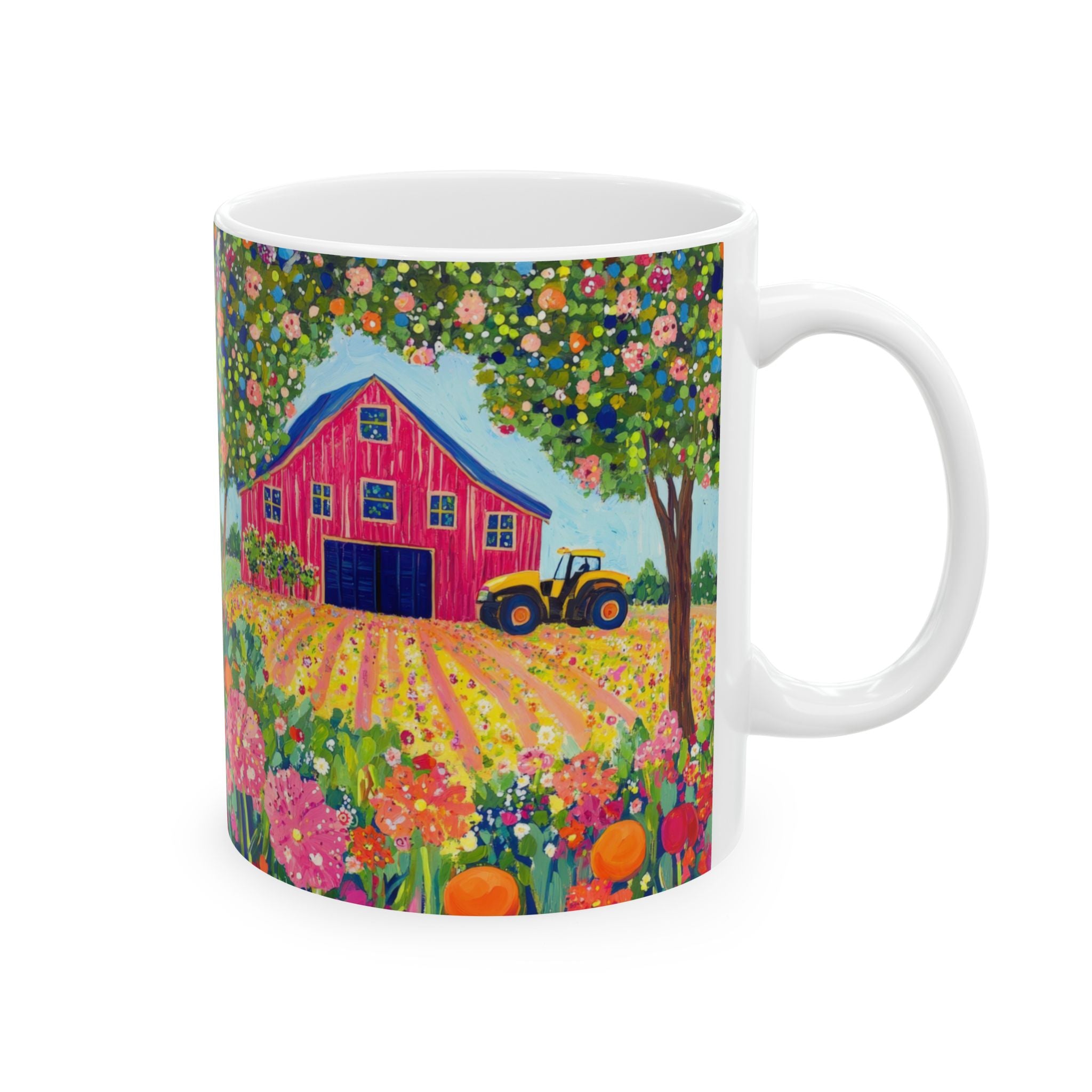Mug with a colorful design of a red barn, yellow tractor, and flowers on a white background
