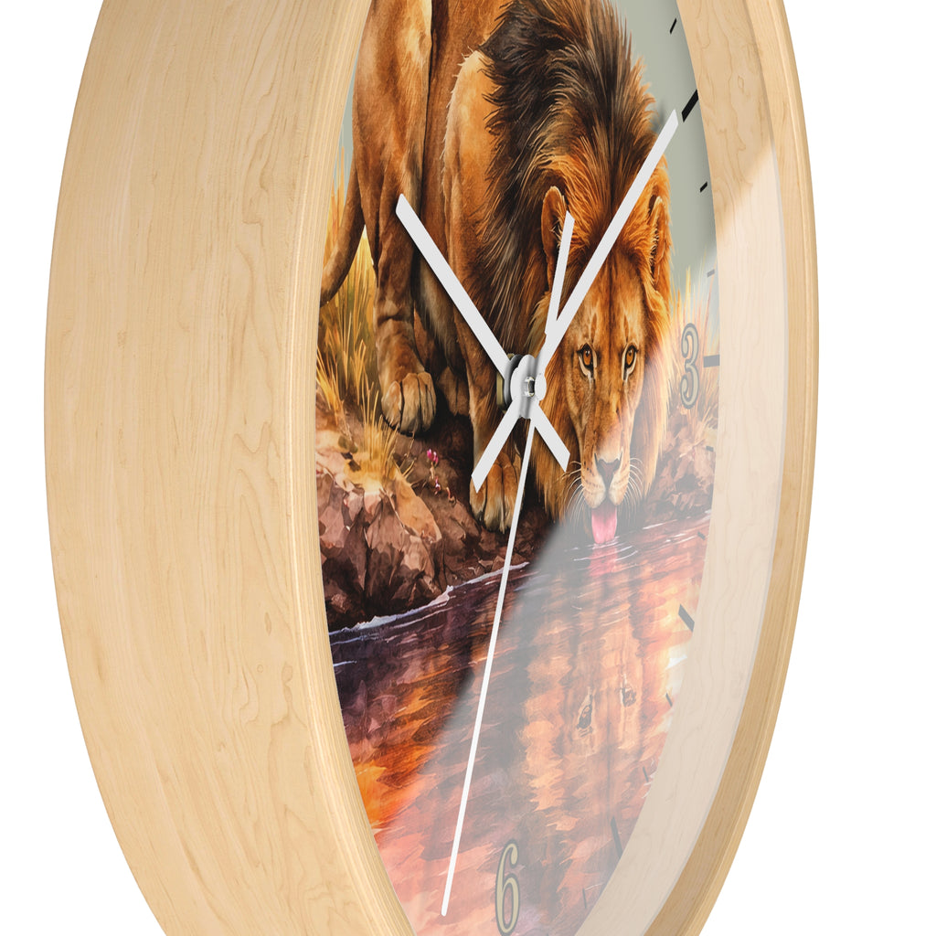 Round wall clock with a light natural wood frame and a printed lion scene on the face, with white hands and black numerals, shown against a plain white background.