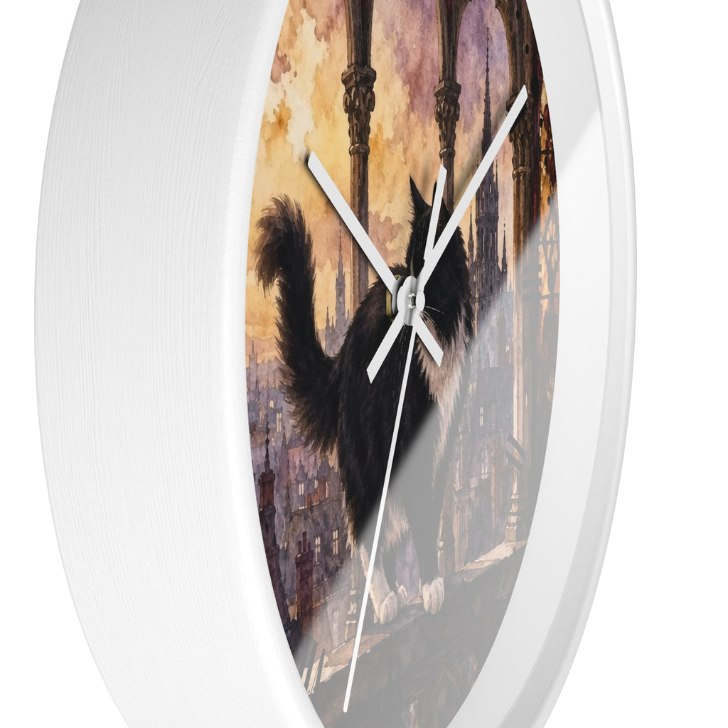 Gothic Black Tuxedo Cat Cathedral Wood Wall Clock