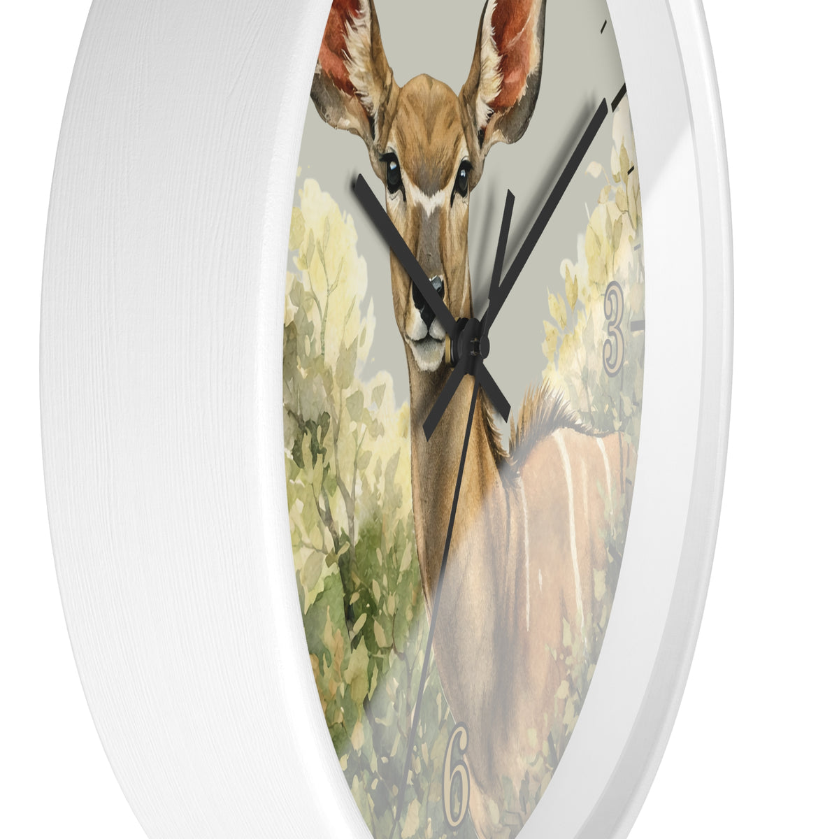 A white round wall clock featuring a printed illustration of a deer in a natural setting on the clock face, with black hands and partial numerals.