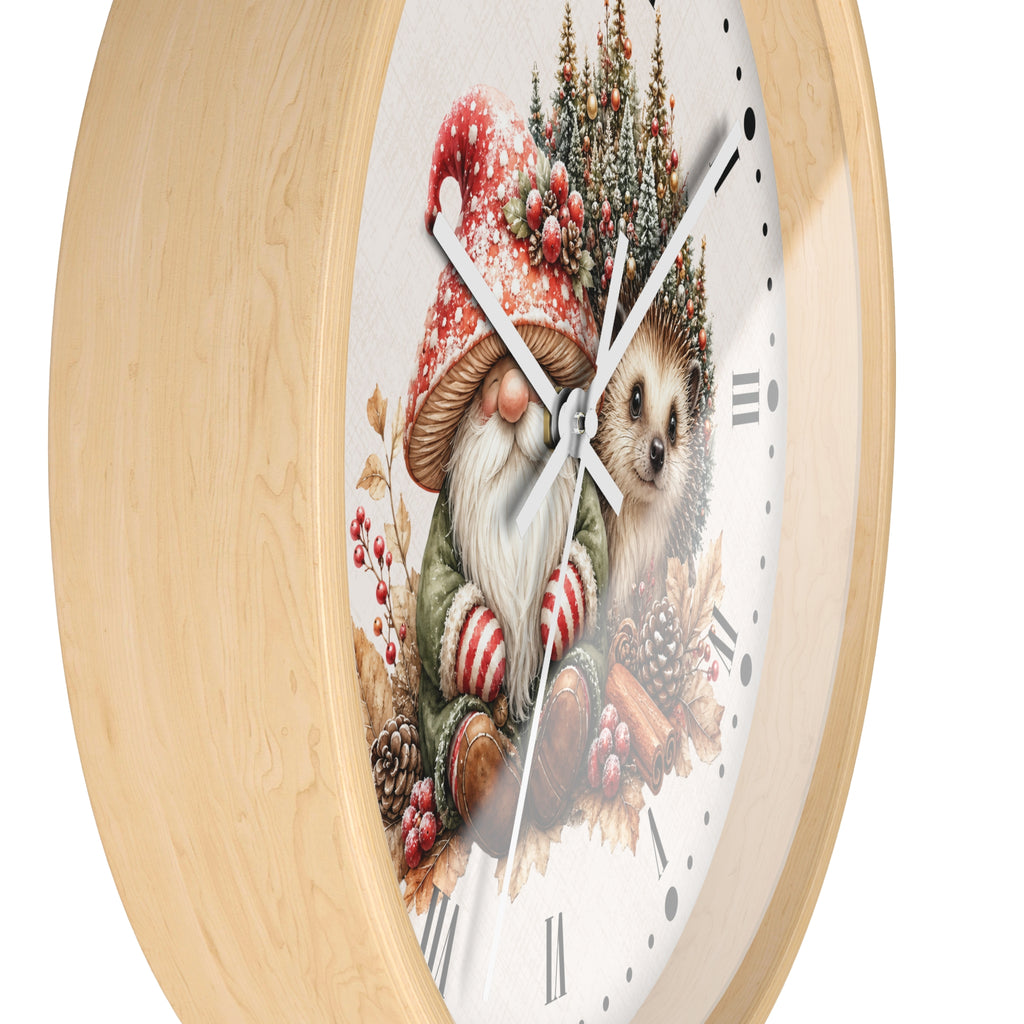 Christmas Gnome & Hedgehog Wall Clock — Cute Holiday Nursery Decor