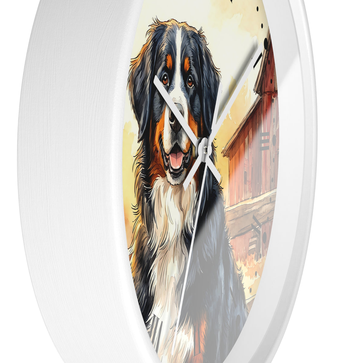 A round white wall clock featuring a painted Bernese mountain dog portrait on the face, with white hands and black numerals, shown against a plain white background.