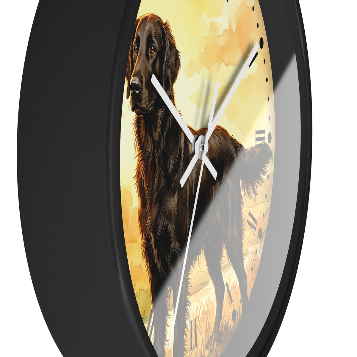 A round wall clock with a black frame and white hands, featuring an artistic illustration of a long-haired dark brown dog on a warm yellow and beige background.